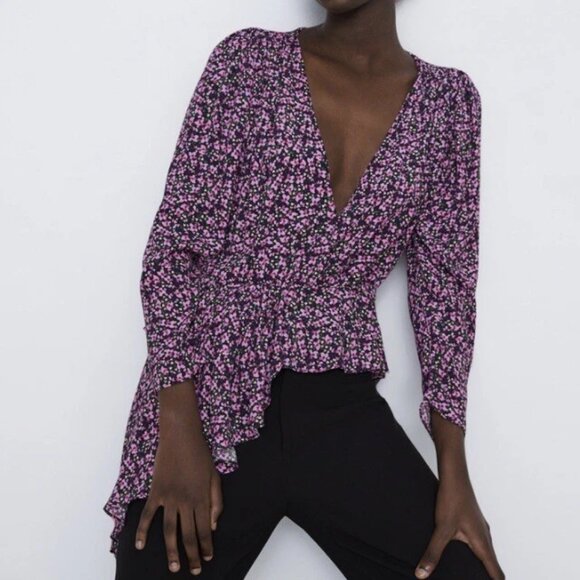 Zara Pink Floral Flare Pants And Boho Asymmetric Peplum Blouse 2 Piece Set EUC - Picture 5 of 16